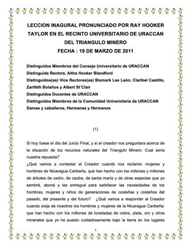 Lección Inaugural pronunciado por Ray Hooker Taylor